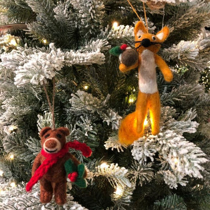 Handmade Felt Biodegradable Bear with Scarf Hanging Christmas Decoration