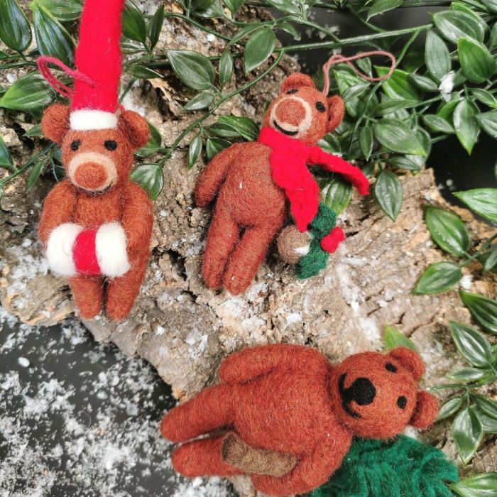 Handmade Felt Biodegradable Bear with Scarf Hanging Christmas Decoration