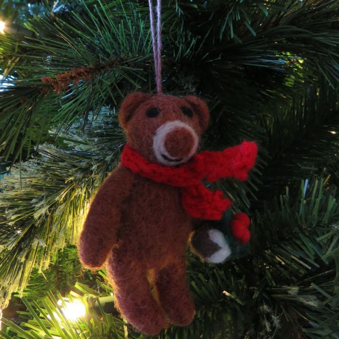 Handmade Felt Biodegradable Bear with Scarf Hanging Christmas Decoration