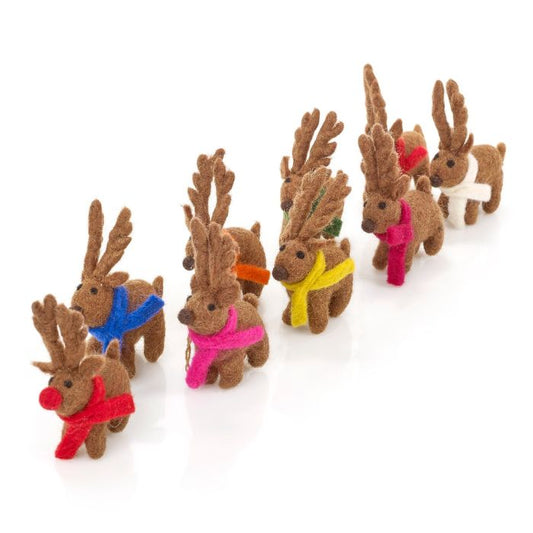 Handmade Felt Biodegradable Christmas Santa's Reindeer (Set of 9) Hanging Decoration