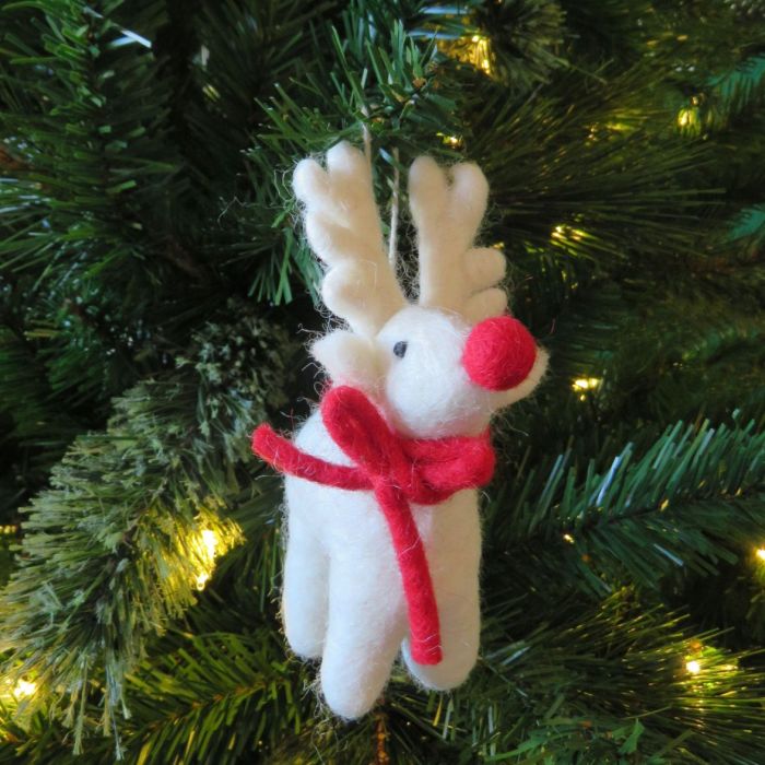 Handmade Felt Biodegradable Christmas White Rudolph Hanging Decoration