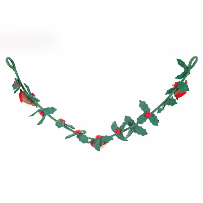 Guirlande de houx biodégradable en feutre fait main avec décoration de Noël en forme de rouge-gorge