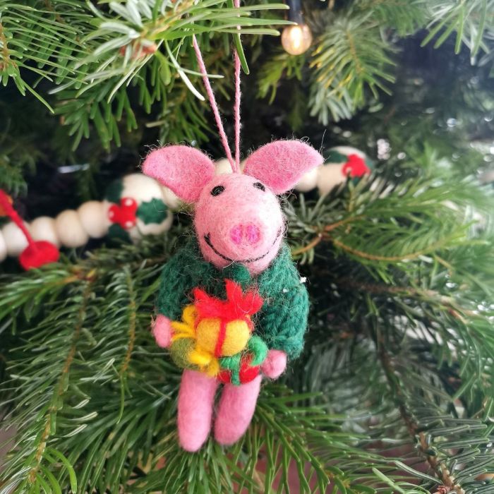 Handmade Felt Poppy the Pig Hanging Christmas Decoration