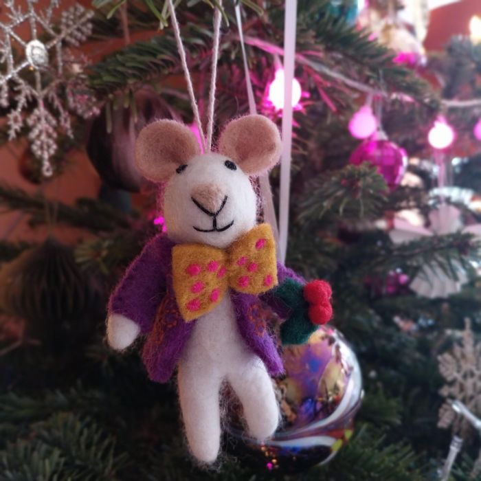 Handmade Felt Jingle Whiskers Christmas Mouse Hanging Decoration