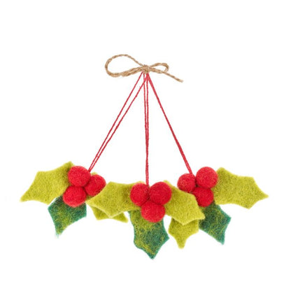 Handmade Felt Mini Holly Sprig Set of 3 Hanging Decorations