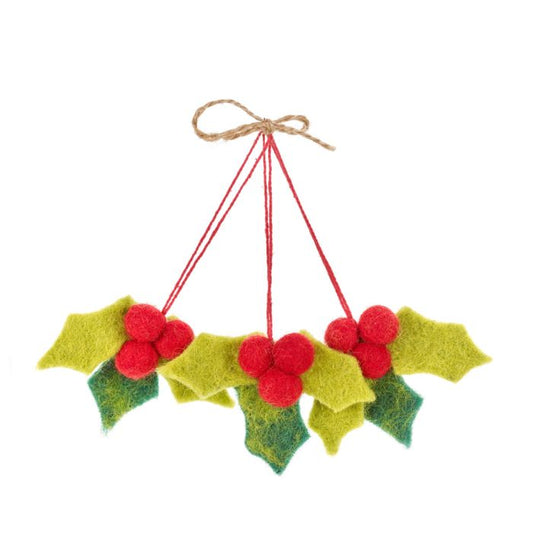 Handmade Felt Mini Holly Sprig Set of 3 Hanging Decorations