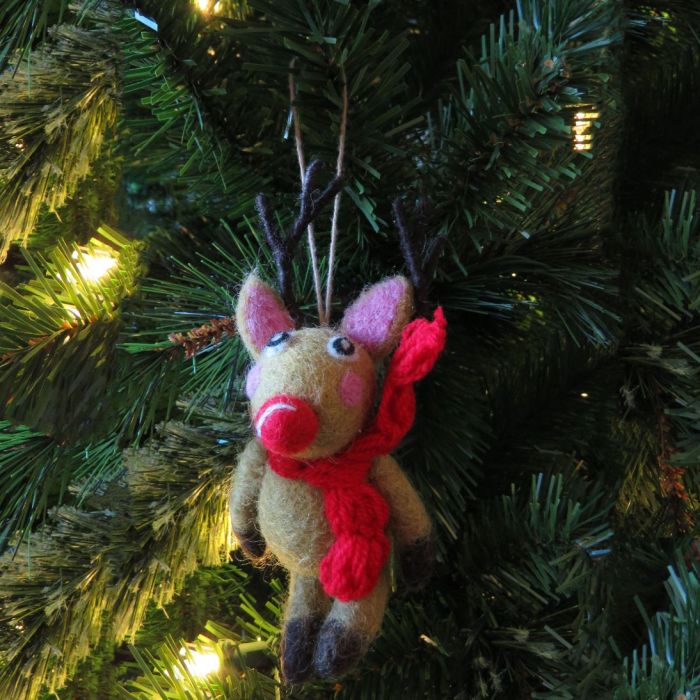 Handmade Felt Biodegradable Christmas Reindeer with knitted Scarf Hanging Decoration