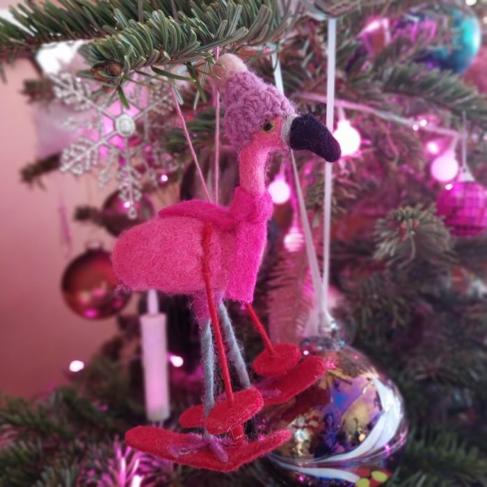 Handmade Felt Skiing Flamingo Hanging Christmas Tree Decoration