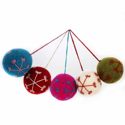 Handmade Felt Round Snowflake Baubles (Set of 5) Christmas Hanging Decorations