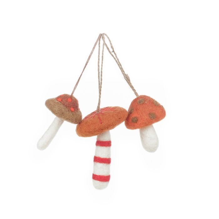 Handmade Felt Wild Foraged Mushrooms (Set of 3) Hanging Decorations