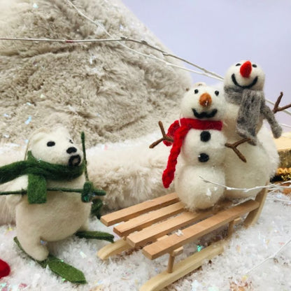 Handmade Felt Snowman with Knitted Scarf Biodegradable Hanging Decoration