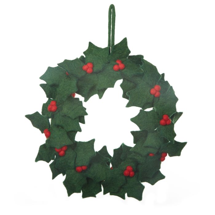 Handmade Felt Fair trade Holly Wreath Christmas Decor